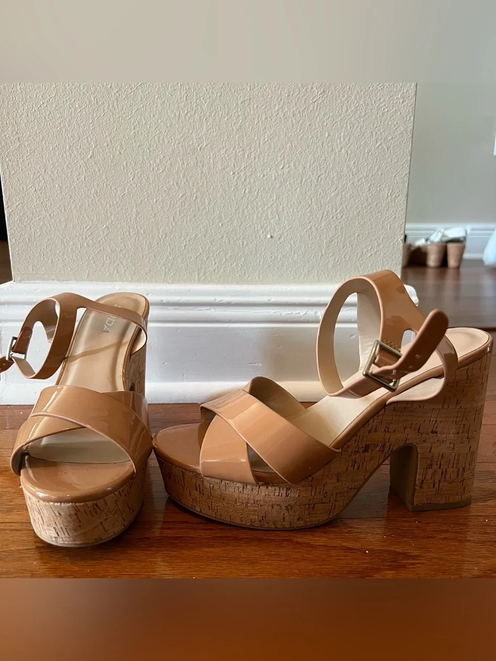 Soda Patent Tan Platform Sandals with Cork Block Heel
